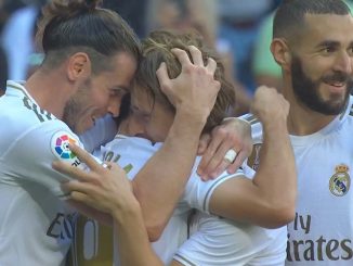 Bale and Modric celebrating a goal against Granada