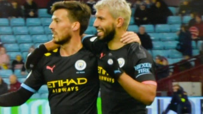 Sergio Aguero and David Silva of Manchester City, celebrating goal against Aston Villa