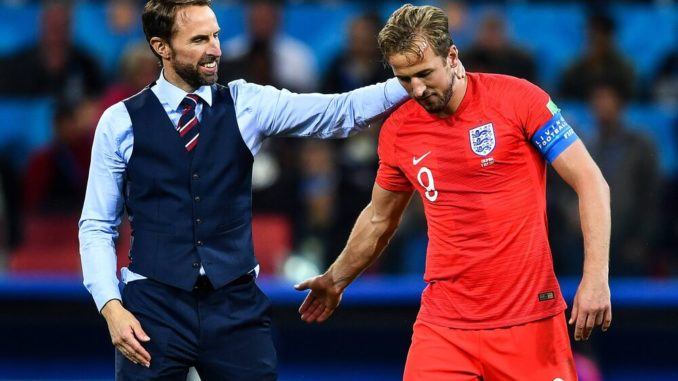 Harry Kane of England, celebrates with Gareth Southgate in 2018 FIFA World