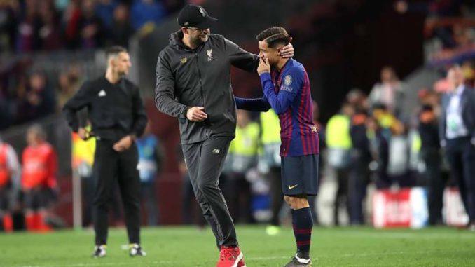 Liverpool manager Jurgen Klopp (left) and Barcelona's Philippe Coutinho at Camp Nou