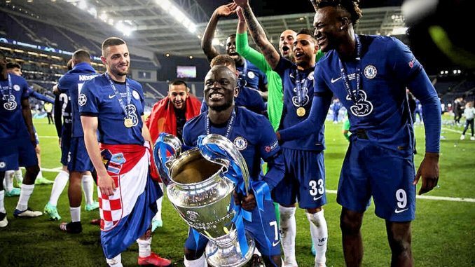 N'Golo Kante of Chelsea lifting UEFA Champions League trophy