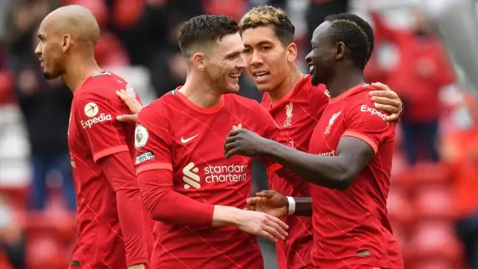 Sadio Mane 0f Liverpool celebrates with Andrew Robertson-Crystal Palace-Premier League