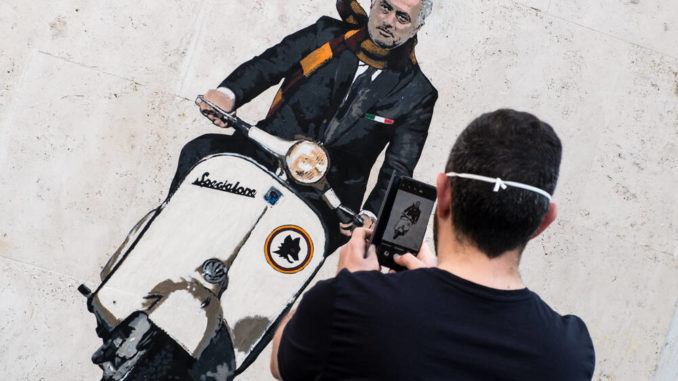 A Mural Dedicated To The New Roma Coach Jose Mourinho on Scooter