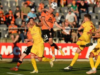 Alex Parsons of Brisbane Roar scores a goal against Adelaide United FC at Moreton Daily Stadium