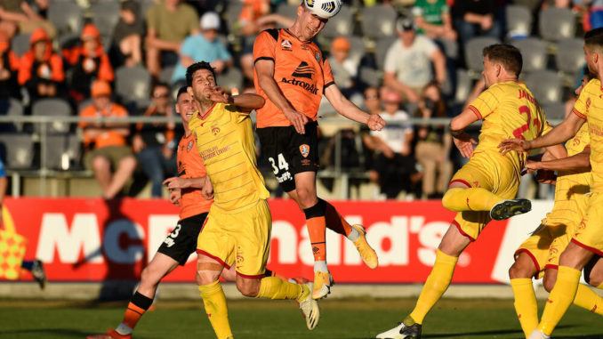Alex Parsons of Brisbane Roar scores a goal against Adelaide United FC at Moreton Daily Stadium