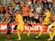 Alex Parsons of Brisbane Roar scores a goal against Adelaide United FC at Moreton Daily Stadium