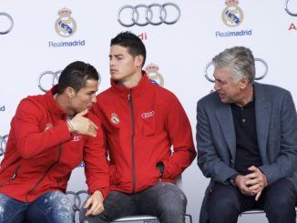 Cristiano Ronaldo, James Rodriguez and Carlo Ancelotti received the new Audi car during the presentation of Real Madrid