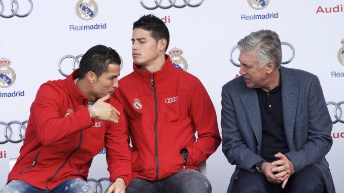 Cristiano Ronaldo, James Rodriguez and Carlo Ancelotti received the new Audi car during the presentation of Real Madrid