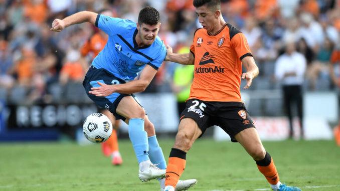 Dylan Wenzel-Halls of the Roar-Ryan McGowan and Rhyan Grant of Sydney FC