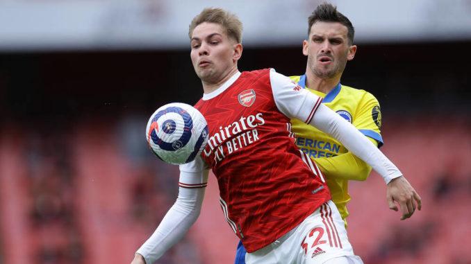 Emile Smith Rowe of Arsenal with Pascal Gross of Brighton