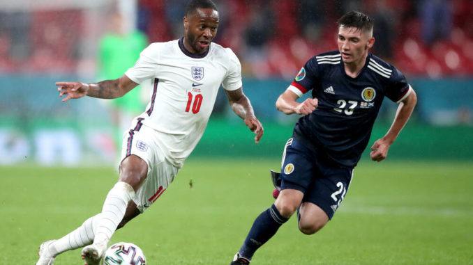 England's Raheem Sterling (left) and Scotland's Billy Gilmour