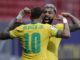 Gabriel Barbosa of Brazil celebrates his goal with Neymar in the 89th minute
