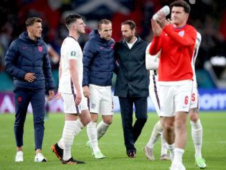 Harry Maguire, Gareth Southgate and Harry Kane after the UEFA Euro 2020 Group D
