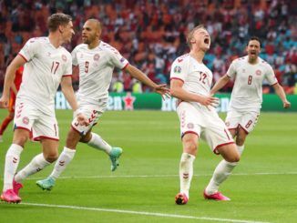 Kasper Dolberg and Martin Braithwaite of Denmark