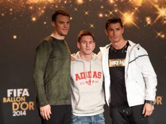 Manuel Neuer of Bayern Munich, Lionel Messi of Barcelona and Cristiano Ronaldo of Real Madrid