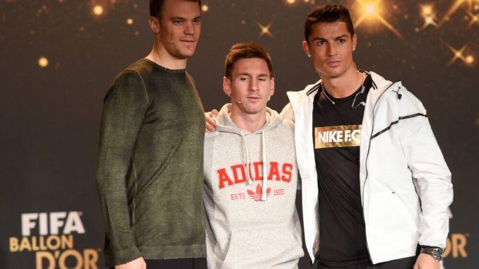 Manuel Neuer of Bayern Munich, Lionel Messi of Barcelona and Cristiano Ronaldo of Real Madrid