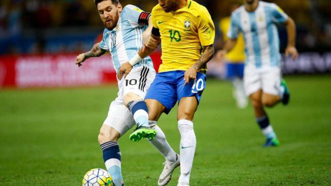 Neymar of Brazil and Lionel Messi of Argentina