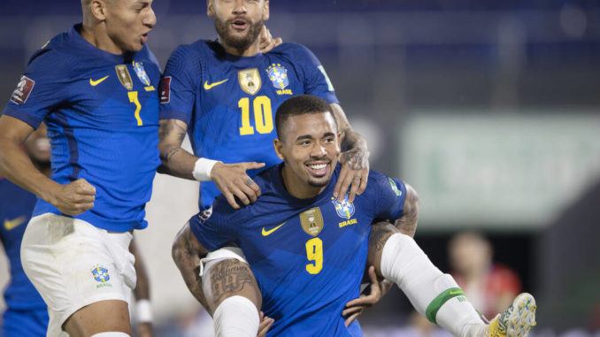 Neymar of Brazil celebrates his goal with Gabriel Jesus and Richarlison