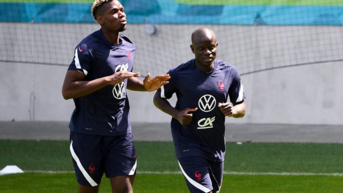 PAUL POGBA and N'GOLO KANTE of France in traning during Euro 2020