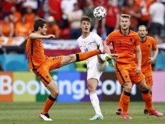 Patrik Schick of Czech Republic-Marten de Roon, Matthijs de Ligt and Daley Blind of Holland during EURO