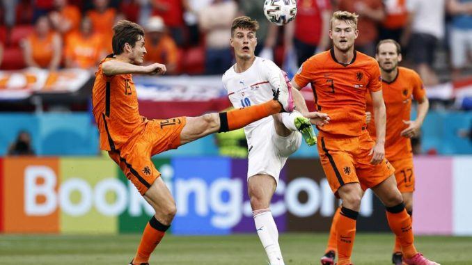 Patrik Schick of Czech Republic-Marten de Roon, Matthijs de Ligt and Daley Blind of Holland during EURO