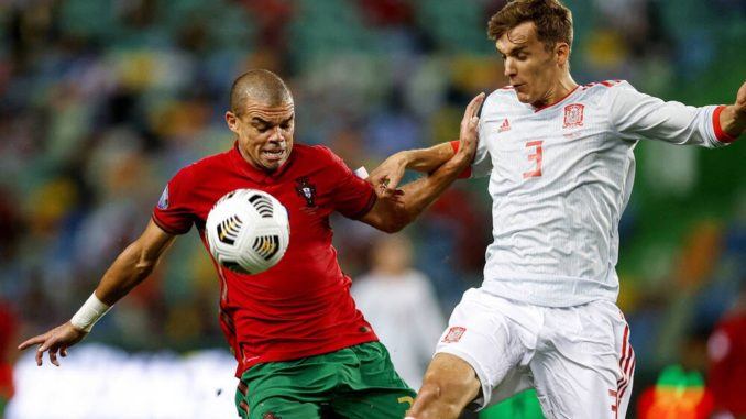 Pepe of Portugal vies with Diego Llorente of Spain