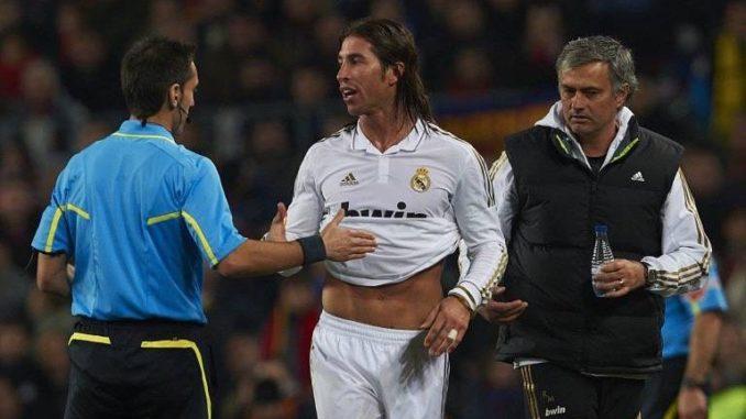 Sergio Ramos and Jose Mourinho of Real Madrid against Barcelona in Copa del Rey