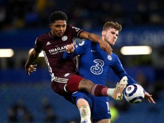 Wesley Fofana of Leicester City and Timo Werner of Chelsea