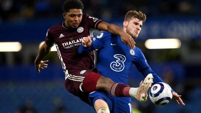 Wesley Fofana of Leicester City and Timo Werner of Chelsea