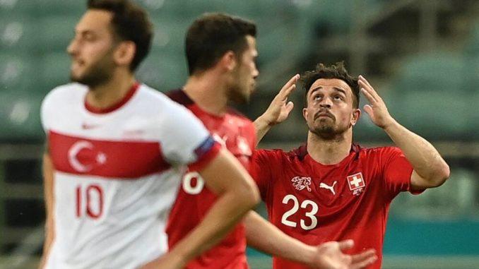 Xherdan Shaqiri of Switzerland, celebrates has goal against Turkey-Hakan Calhanoglu