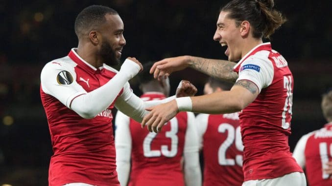 Alexandre Lacazette and Hector Bellerin of Arsenal