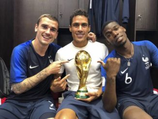 Antoine Griezmann, Raphael Varane and Paul Pogba of France in World Cup 2018