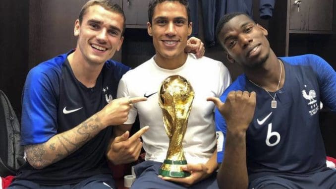 Antoine Griezmann, Raphael Varane and Paul Pogba of France in World Cup 2018