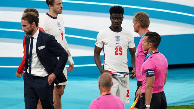 Bukayo Saka, Jack Grealish and Gareth Southgate of England UEFA Euro 2020 Final