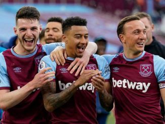 Declan Rice, Jesse Lingard and Mark Noble of West Ham United