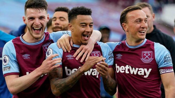 Declan Rice, Jesse Lingard and Mark Noble of West Ham United