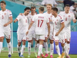 Delaney, Dolberg of Denmark celebrating against Czech Republic in Euro 2020 quarter-finals