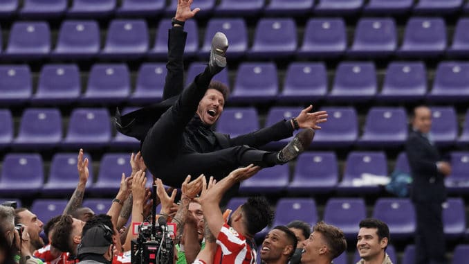 Diego Simeone of Atletico Madrid celebrating title win