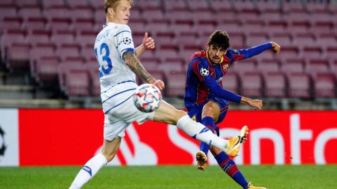 FC Barcelona forward Francisco Antonio Trincao and Artem Shabanov of FC Dinamo Kyiv at Camp Nou