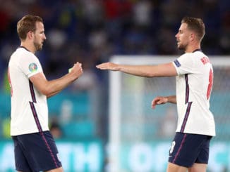 Harry Kane and Jordan Henderson of England against Ukraine in Euro 2020