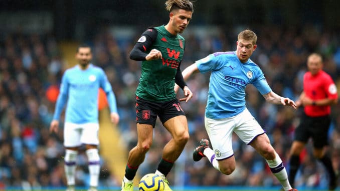Jack Grealish of Aston Villa and Kevin De Bruyne of Manchester City