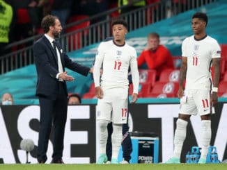 Jadon Sancho, Marcus Rashford and Gareth Southgate of England