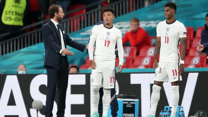 Jadon Sancho, Marcus Rashford and Gareth Southgate of England