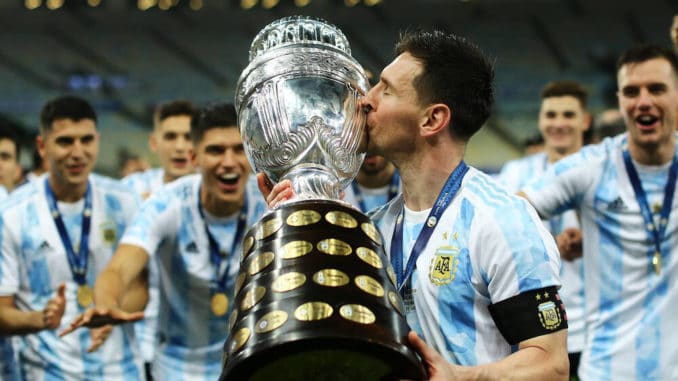 Lionel Messi of Argentina, lifting Copa America 2021