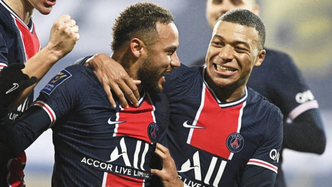 Neymar and Kylian Mbappe of PSG, celebrate during the French Champions Trophy