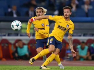 Saul Niguez and Antoine Griezmann of Atletico Madrid