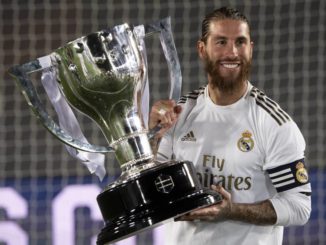 Sergio Ramos of Real Madrid celebrating Spanish La Liga win at Alfredo Di Estefano Stadium