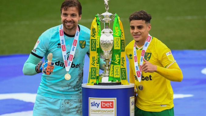 Tim Krul and Max Aarons of Norwich City after winning the Championship