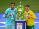 Tim Krul and Max Aarons of Norwich City after winning the Championship