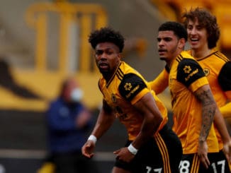 Adama Traore of Wolverhampton Wanderers celebrates